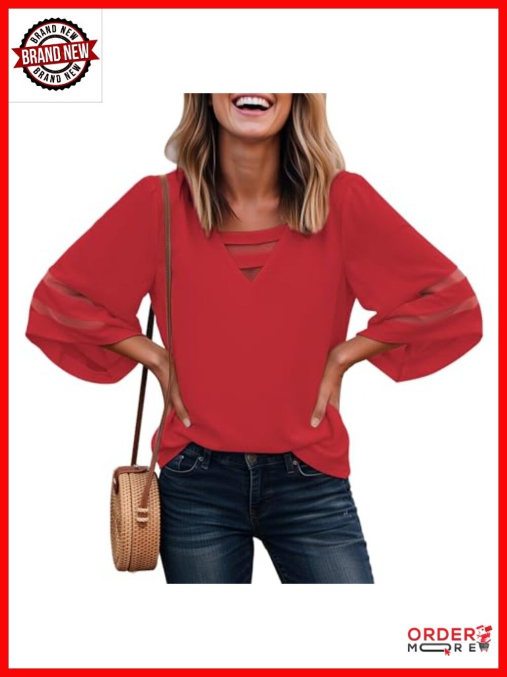 Women's Strappy V Neck Blouse with 3/4 Bell Sleeves and Mesh Panels